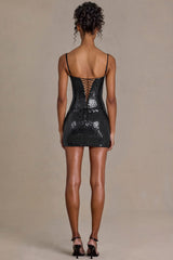 Premium Sequin Lace Corset Mini Dress in Black