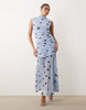 Printed Polka Dot Ruched Drop Waist Circle Dress With Grown In Neck In Blue
