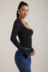 Seamless Long-Sleeve Bodysuit in Black