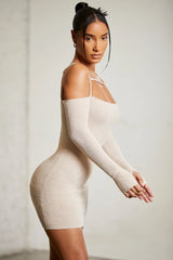 Cold Shoulder Long Sleeve Mini Dress in Praline