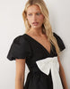 Sister Jane Bordeaux Exclusive Jacquard V-Neck Puff Sleeve Mini Dress With Contrast Bow In Black