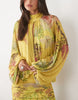 Printed Mesh Floral Dropped Waist Blouson Tie Neck Mini Dress In Chartreuse