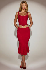 Lace Mid-Rise Fluted Midi Skirt in True Red