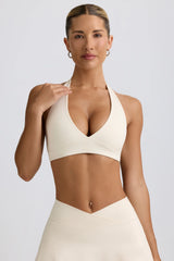 Brushed Jersey V-Neck Sports Bra in Ivory Marl
