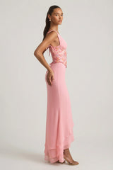 Embellished Plunge Ruffled Corset Maxi Dress in Pink