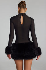 Faux Fur-Trim Turtleneck Mini Dress in Black