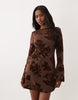 Flocked Floral Mini Dress With Flute Sleeve In Ginger