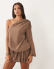 Missyempire Chiffon Asymmetric Sleeve Drape Overlay Detail Bubble Hem Cutout Back Detail Mini Dress In Mocha