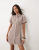 Wednesdays Girl Tie Collar Detailed Puff Sleeve Button Mini Dress In Brown Check