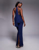 Mesh Twist Bust Detail Halter Maxi Dress With Tie Back Neck In Navy
