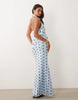 Printed Mesh Halter Maxi Dress With Draped Sash Detail In Blue Polka Dot