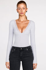 Ribbed Modal Long-Sleeve Plunge Bodysuit in Grey