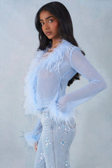 Faux Fur-Trim Sheer Top in Soft Blue