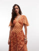 Reclaimed Vintage Midi Tea Dress With Fluttter Sleeves In Rust Floral