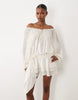 Oh Polly Chiffon Off Shoulder Balloon Sleeve Layered Skirt Tie Detail Mini Dress In Ivory