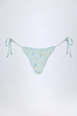Side-Tie Thong Bikini Bottoms in Blue Floral