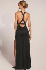 Cowl-Neck Thigh-High Gown in Black