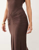 High Neck Godet Detail Column Maxi Dress In Brown