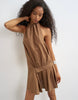 Topshop Halter Gathered Side Mini Dress With Tab Detail In Brown Woven Stripe