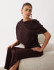 Fallen Shoulder Slinky Midi Dress In Chocolate