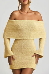 Bouclé Off-Shoulder Mini Dress in Yellow