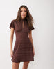 Cap Sleeve With Tie Detail Mini Dress In Brown And Ivory Polka Dot Print
