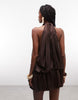 Halter Neck Layered Bubble Satin Mini Dress In Chocolate