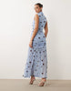 Printed Polka Dot Ruched Drop Waist Circle Dress With Grown In Neck In Blue