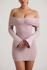 Modal-Cashmere Blend Off-Shoulder Ruched Mini Dress in Taupe