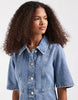 Vero Moda Button Front Fit And Flare Denim Mini Dress In Light Blue Wash