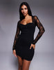 Mini Dress With Cutaway Lace Long Sleeves In Black
