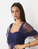 Lace & Beads Tulle Fallen Shoulder Asymmetric Ruffle Detail Maxi Dress In Navy