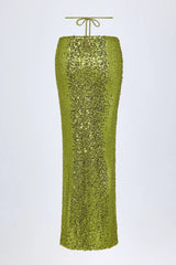 Embellished Hardware-Detail Strappy Maxi Skirt in Olive Green