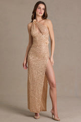 Premium Embellished Asymmetric One-Shoulder Maxi Dress in Beige Gold