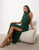 Draped Structured Midi Dress With Split In Dark Green Scuba-Style Fabric