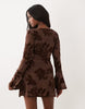 Flocked Floral Mini Dress With Flute Sleeve In Ginger