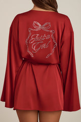 Embellished Loose-Fit Wrap-Over Robe in Ruby Red