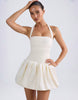 Oh Polly Satin Halter Neck Ruched Bandeau Bubble Hem Mini Dress In Ivory