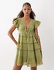 Tie Front V Neck Mini Dress In Olive
