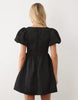 Sister Jane Bordeaux Exclusive Jacquard V-Neck Puff Sleeve Mini Dress With Contrast Bow In Black