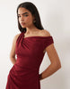 Crepe Fallen Shoulder Maxi Dress With Ruched Skirt Detail In Wine