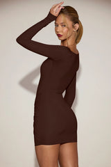Soft-Jersey Boat-Neck Draped Mini Dress in Chocolate Brown