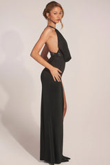 Cowl-Neck Thigh-High Gown in Black