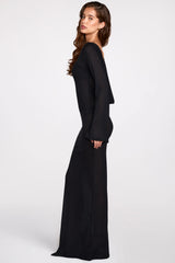 Sheer Jersey Long-Sleeve Backless Maxi Dress in Black