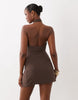 The Frolic Exclusive Linen Feel Knot Front Halterneck Mini Dress In Chocolate