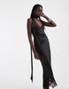 Satin Scoop Neck Column Maxi Dress With Lace Hem And Scarf In Black