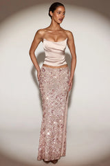 Embellished Mid-Rise Thigh-Split Maxi Skirt in Rose Gold