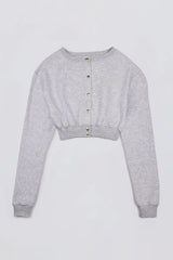 Premium Brushed Jersey Button-Up Cropped Cardigan in Grey Marl