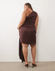 Tfnc Plus Satin One Shoulder Drape Detail Mini Dress In Chocolate