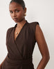 Belted Wrap Mini Dress With Shoulder Pad In Chocolate Scuba-Style Fabric